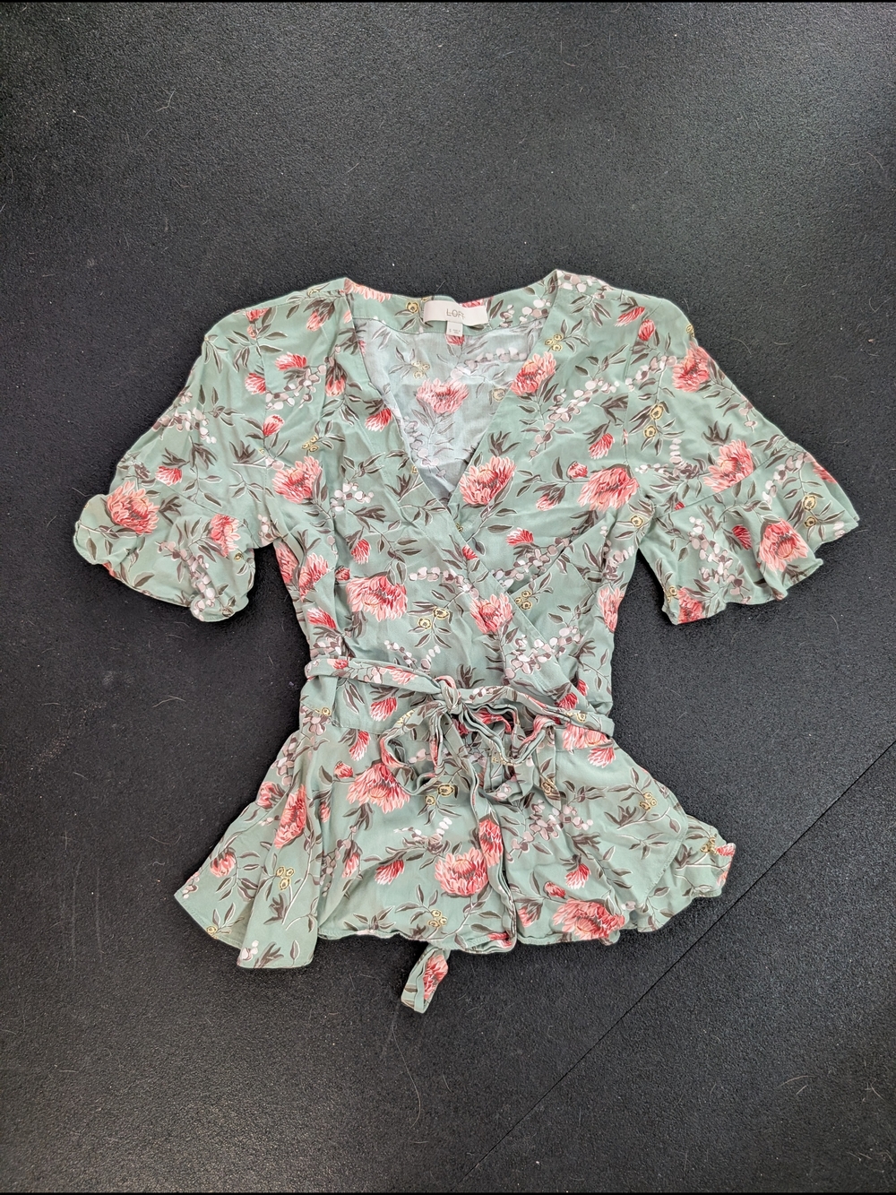 LOFT Green Floral Wrap Peplum Top Size Small